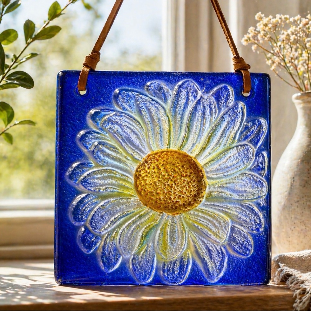 Art Glass Daisy Glass Tile Sun Catcher Reversible Blue Floral Wall Decor